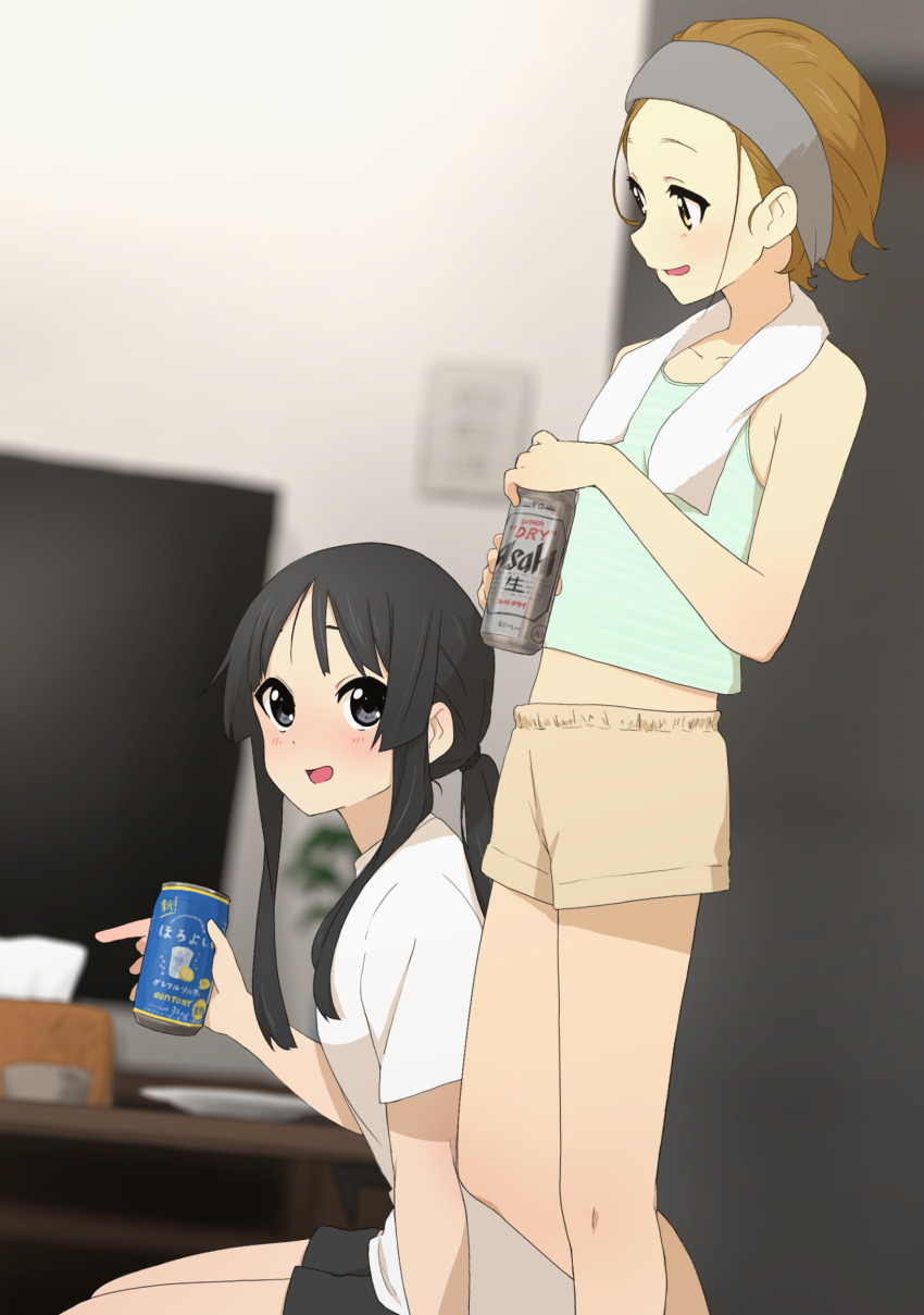 2girls absurdres after_bathing aged_up akiyama_mio alcohol asahi_breweries beer beer_can black_hair blurry blurry_background blush brown_eyes brown_hair can collarbone drink_can grey_eyes hair_pulled_back hairband happy highres k-on! kicchi_(tmgk) long_hair looking_at_another midriff multiple_girls open_mouth plant ponytail shirt short_hair short_shorts shorts sitting smile striped_clothes striped_shirt tainaka_ritsu television tipsy tissue_box towel towel_around_neck wet wet_hair white_shirt yuri