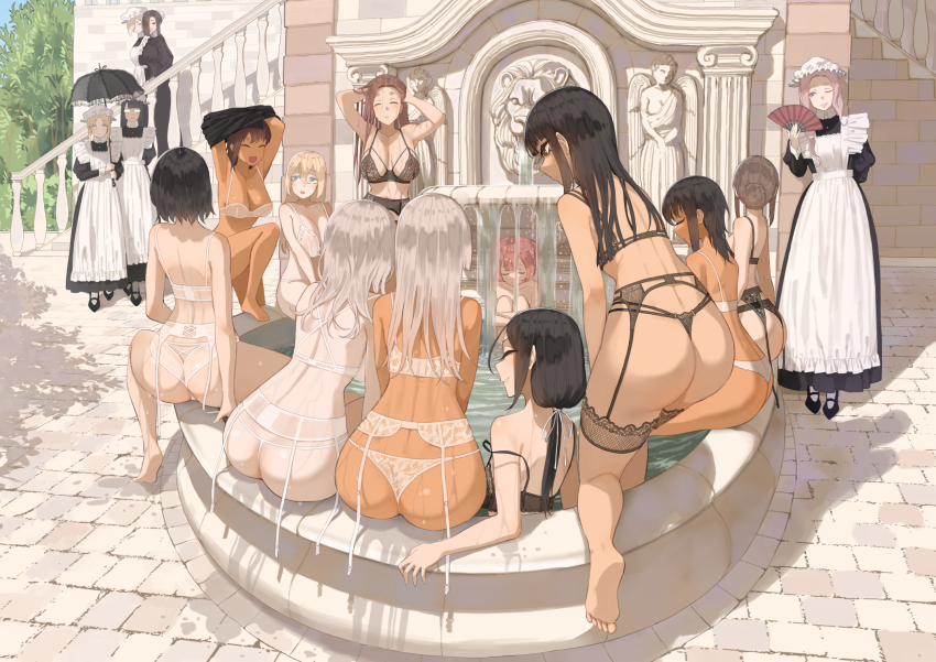 6+girls ;) apron arm_behind_back arms_up ass back barefoot black_dress black_garter_straps black_shoes black_umbrella blonde_hair blue_eyes bra breasts cleavage closed_eyes closed_mouth commentary dark-skinned_female dark_skin dress english_commentary feet fountain garter_straps glasses hand_fan hat highres holding holding_fan holding_umbrella hugging_own_legs knees_up long_hair looking_at_another maid maid_apron maid_headdress mary_janes medium_hair mob_cap multiple_girls one_eye_closed original outdoors panties partially_submerged pink_hair shadow shoes short_hair sidelocks sitting smile soaking_feet soles stairs standing statue thighs throtem toes tree umbrella underwear underwear_only walking water white_bra white_garter_straps white_panties