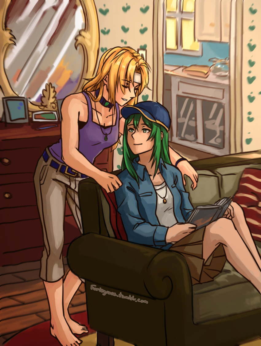 2girls barefoot baseball_cap blonde_hair book brown_skirt chest_of_drawers choker couch fire_emblem fire_emblem:_radiant_dawn fortegrace green_hair hat headband heather_(fire_emblem) highres mirror multiple_girls nephenee_(fire_emblem) nintendo reading skirt tan_pants white_headband yuri