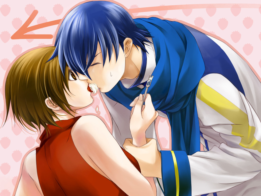 1boy 1girl bad_id bad_pixiv_id blue_hair blue_scarf brown_eyes brown_hair closed_eyes couple food fork fruit hetero kaito_(vocaloid) kiss meiko_(vocaloid) scarf short_hair strawberry surprised toyu vocaloid