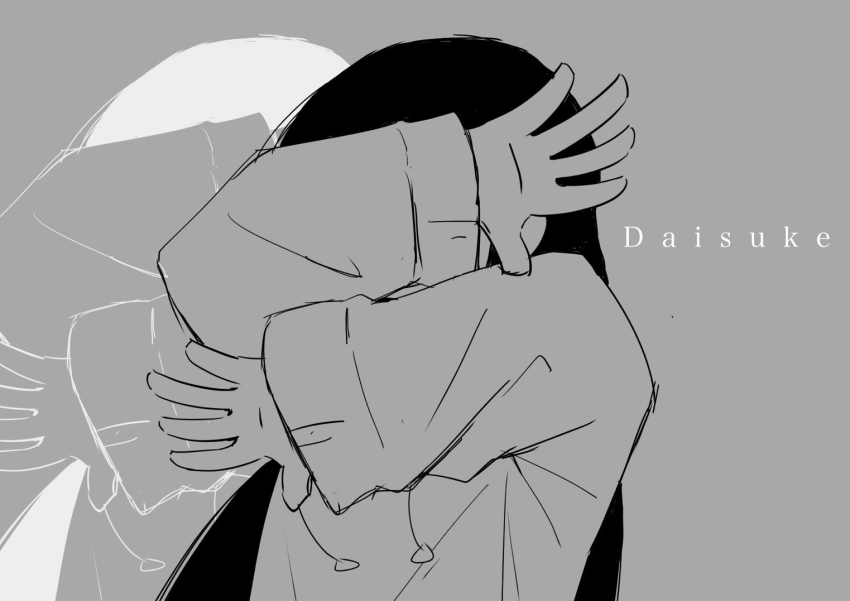 1girl black_hair covering_face daisuke_(beatmania) grey_background hood hoodie inabakumori lagtrain_(vocaloid) long_hair long_sleeves low_twintails monochrome nukunuku_nigirimeshi_(style) osage_(nukunuku_nigirimeshi) parody pose_imitation recurring_image riima solo song_name style_parody twintails