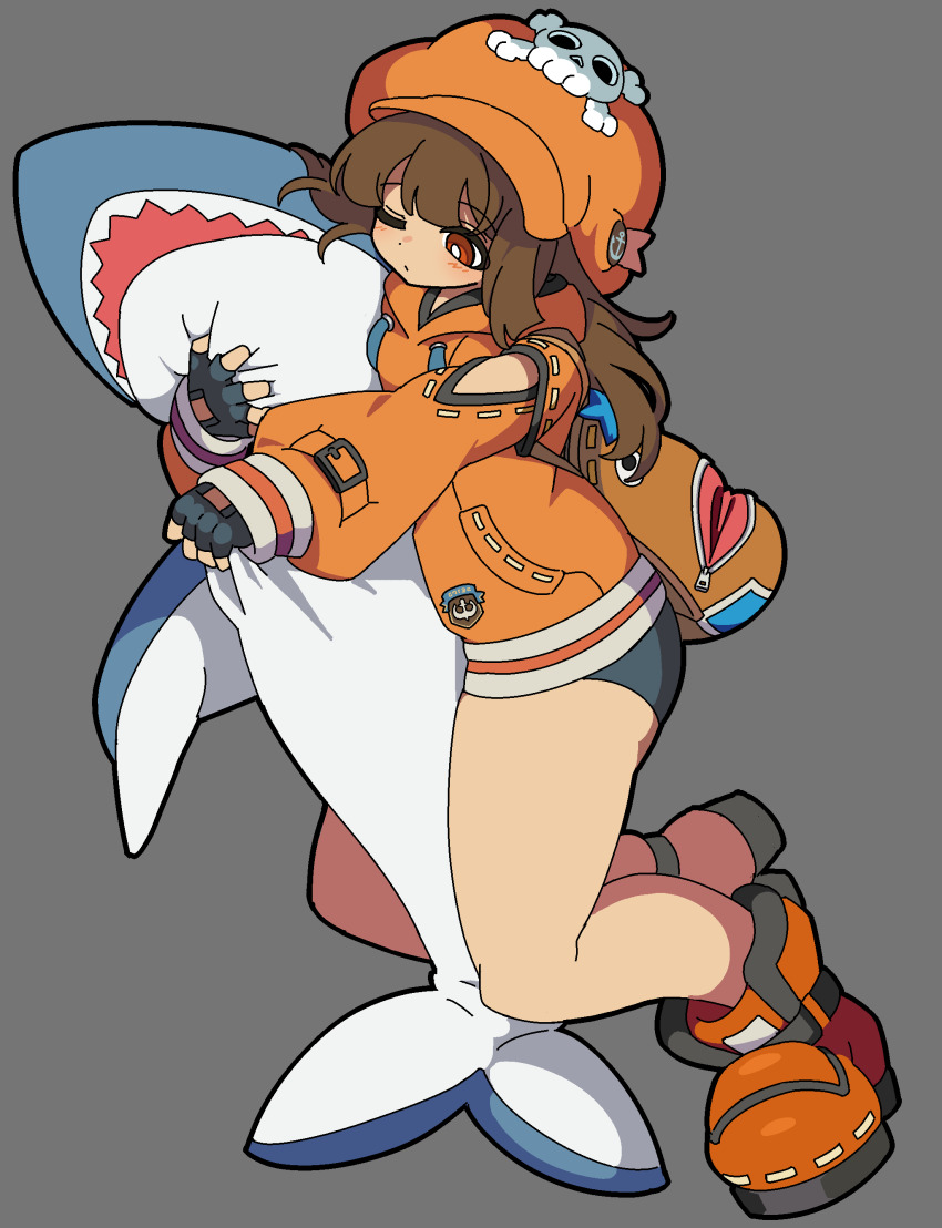 1girl absurdres bag bike_shorts black_gloves black_shorts blush brown_eyes brown_hair fingerless_gloves full_body gloves grey_background guilty_gear guilty_gear_strive hat highres holding hood hood_down hoodie kekeken long_hair long_sleeves may_(guilty_gear) mr._dolphin_(guilty_gear) newsboy_cap one_eye_closed orange_bag orange_hat orange_hoodie orange_shoes puffy_sleeves shoes short_shorts shorts skull_and_crossbones thick_thighs thighs