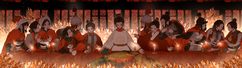 armor black_hair black_hat candle character_request chichenrong chinese_clothes fine_art_parody fire hat highres indoors ming_dynasty parody scale_armor sitting table the_last_supper topknot white_hat