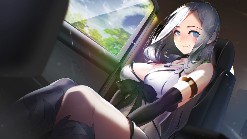 1girl asymmetrical_legwear backless_outfit black_choker black_gloves black_sash blue_eyes blue_sky breasts car_interior choker cleavage closed_mouth cloud day dress dutch_angle elbow_gloves eyelashes feet_out_of_frame gloves gold_armlet hair_over_shoulder highres impossible_clothes jewelry knees_together_feet_apart large_breasts leaf_print legs light_blush light_particles light_rays light_smile long_hair looking_at_viewer miracle_snack_shop necklace no_pupils non-web_source parted_hair pendant philia_salis plunging_neckline sash sash_bow shadow short_dress single_hair_intake sitting sky solo spaghetti_strap straight_hair sunbeam sunlight talesshop thighhighs tree ukero white_dress white_hair white_thighhighs