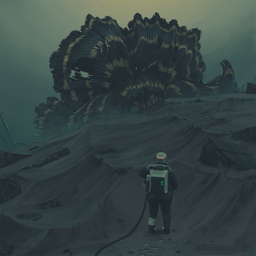 1other alien ashes backpack bag cable footprints grey_theme highres outdoors rock science_fiction simon_stalenhag the_labyrinth