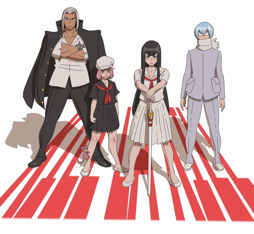 2boys 2girls aged_down arms_at_sides black_hair black_shirt blonde_hair blouse blue_eyes blue_hair copyright_name crossed_arms dark-skinned_male dark_skin frown gamagoori_ira glasses hat highres inumuta_houka jacket jacket_on_shoulders jakuzure_nonon kill_la_kill kiryuuin_satsuki lagreko long_hair multicolored_hair multiple_boys multiple_girls opaque_glasses pink_hair scarf school_uniform serafuku shako_cap shirt short_hair skirt straight_hair sword weapon white_background white_serafuku white_shirt