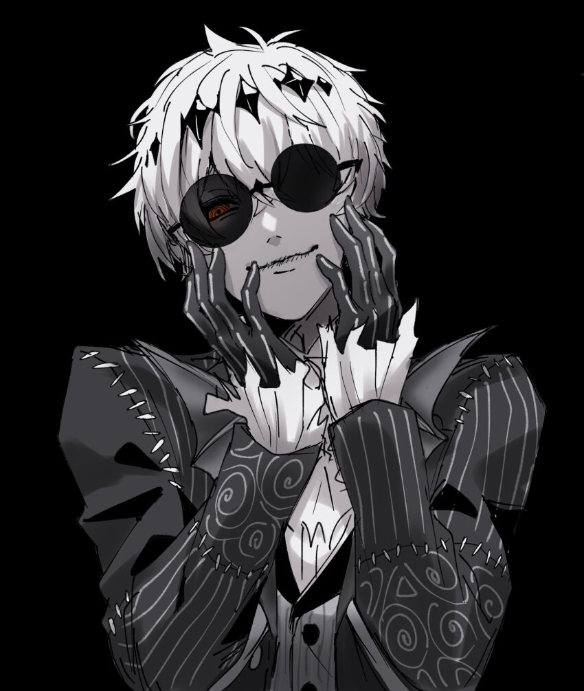 1boy bishounen black_crown commentary_request crown formal_clothes gloves halloween head_tilt highres jacket long_sleeves looking_at_viewer male_focus mitsuro_illust orange_eyes pinstripe_pattern pinstripe_suit round_eyewear short_hair skeleton skeleton_print skully_j._graves smile smirk solo stitches striped_clothes striped_jacket suit sunglasses twisted_wonderland white_hair