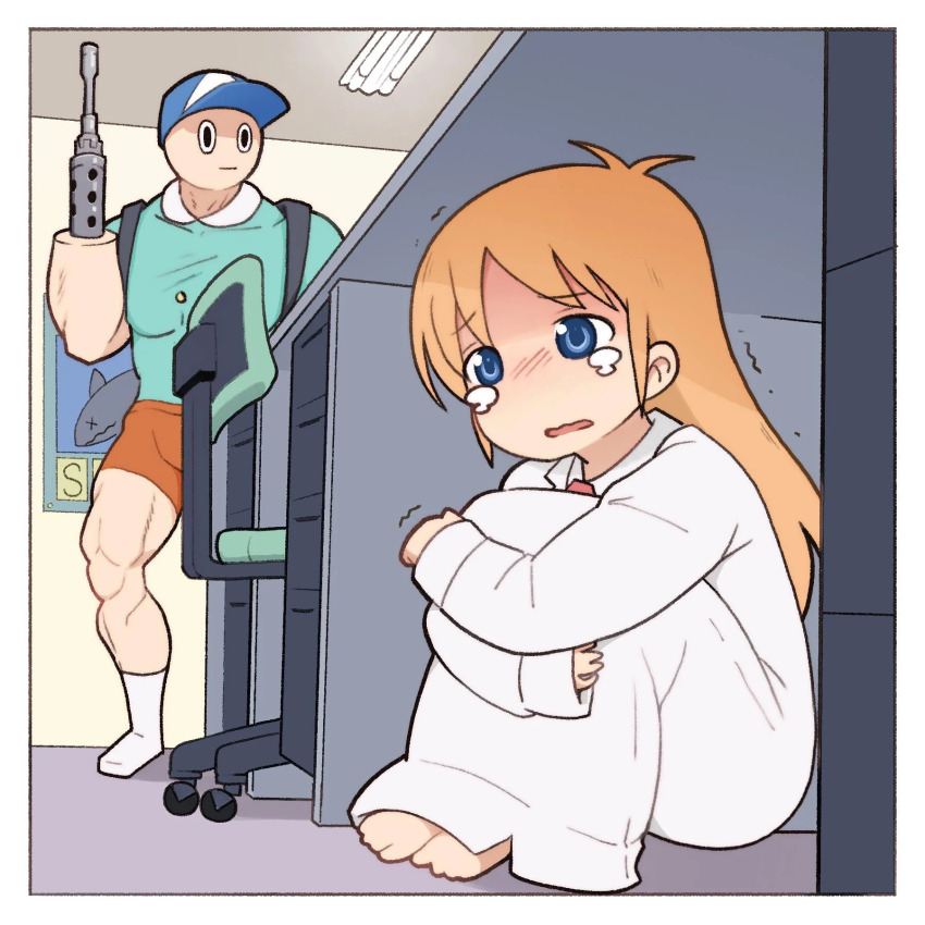 1boy 1girl ^^^ anime_girl_hiding_from_a_terminator_(meme) arm_cannon barefoot blonde_hair blue_eyes blush desk feet full_body hiding highres hugging_own_legs indoors lab_coat long_hair long_sleeves meme monchichiwa nichijou open_mouth professor_shinonome solo_focus tearing_up toes weapon