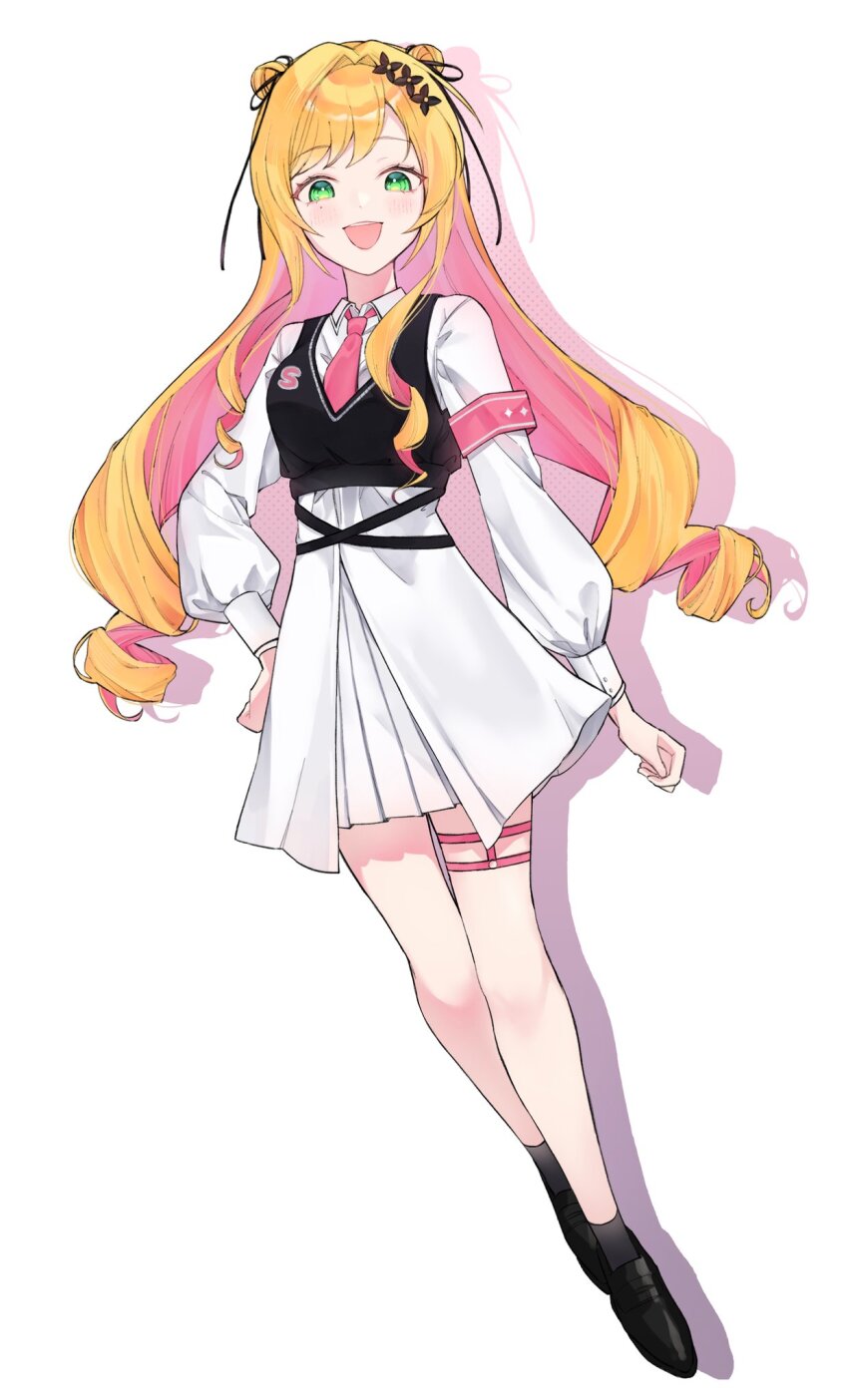 1girl :d armband blonde_hair blush commentary double_bun drill_hair full_body green_eyes hair_bun hand_on_own_hip highres long_hair looking_at_viewer mole mole_under_eye mono01120 necktie nijisanji nijisanji_kr open_mouth pink_armband pink_necktie school_uniform seffyna smile solo symbol-only_commentary thigh_strap twin_drills virtual_youtuber