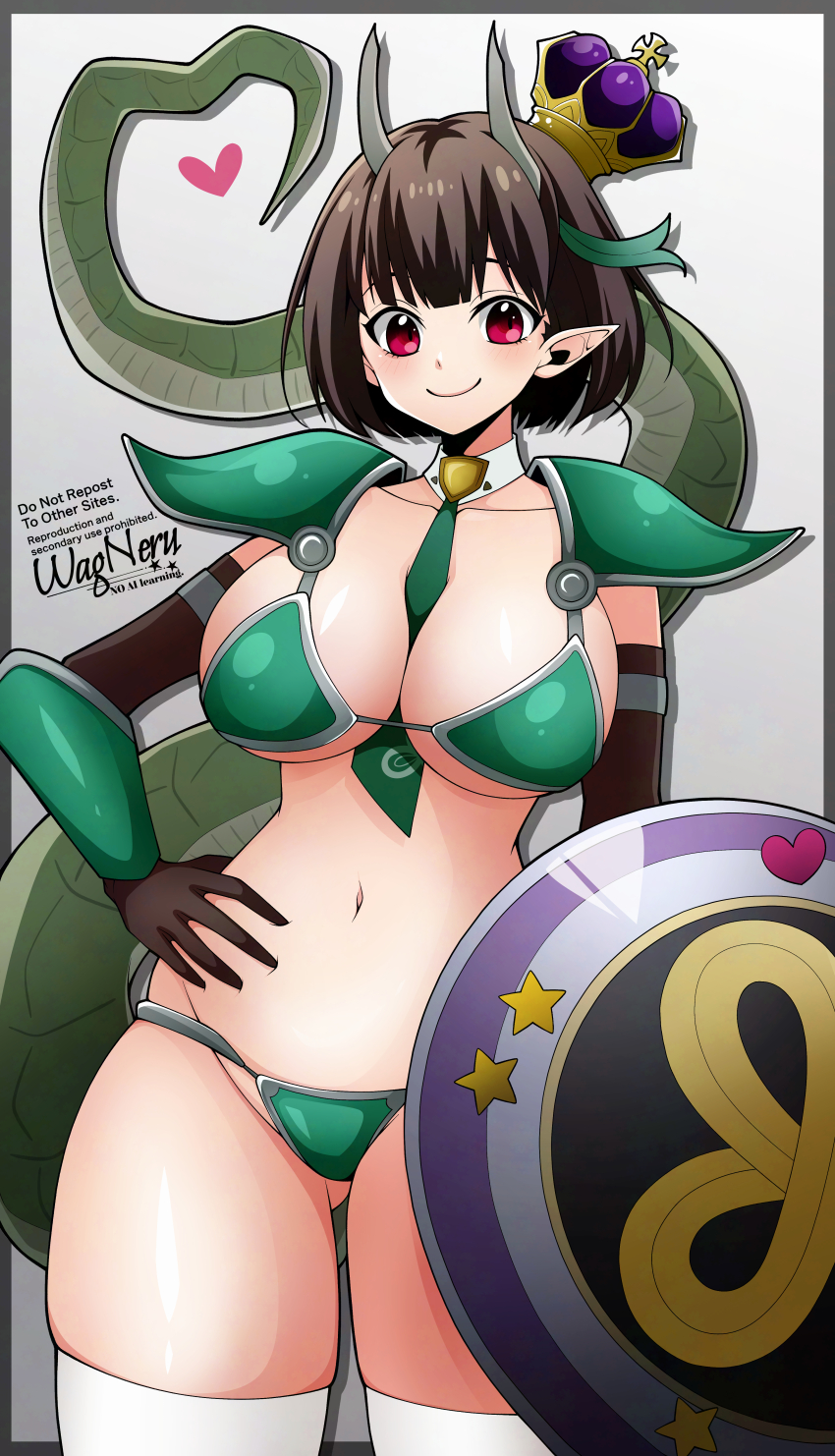 1girl absurdres armor bikini_armor biscione_(fate) biscione_(second_ascension)_(fate) black_gloves black_hair blush breasts cleavage cosplay crown detached_collar dragon_girl dragon_tail elbow_gloves elizabeth_bathory_(brave)_(fate) elizabeth_bathory_(brave)_(fate)_(cosplay) elizabeth_bathory_(fate) fate/grand_order fate_(series) gauntlets gloves green_armor hairband highres horns large_breasts looking_at_viewer mini_crown multicolored_hair navel necktie pauldrons pointy_ears red_eyes shield short_hair shoulder_armor smile solo streaked_hair tail thighhighs thighs wagu_neru white_thighhighs