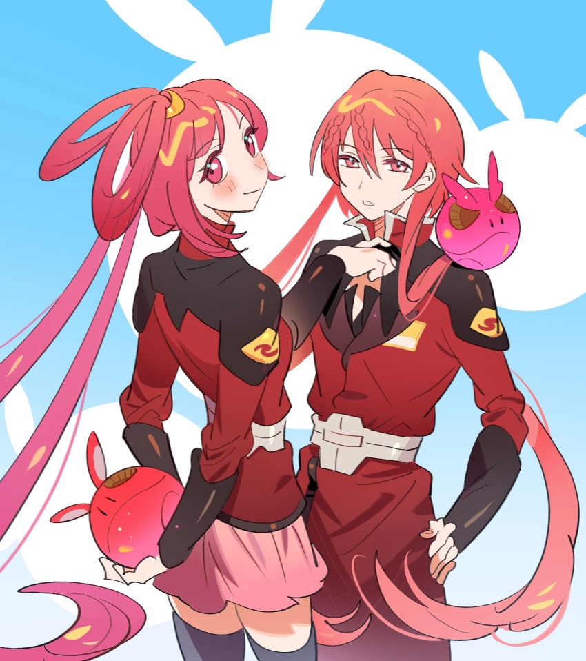 1boy 1girl black_thighhighs braid brother_and_sister cosplay crossover fieeeeee gundam gundam_seed hair_ornament hair_rings half-siblings haro highres holding long_hair looking_at_viewer lunamaria_hawke lunamaria_hawke_(cosplay) magi_the_labyrinth_of_magic military military_uniform pink_skirt red_eyes red_hair red_uniform ren_kougyoku ren_kouha siblings skirt smile thighhighs zaft_uniform