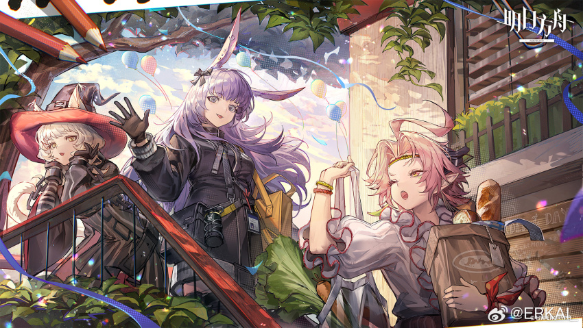 3girls ahoge animal_ears arknights artist_name bag brown_hair cat_ears cat_girl cat_tail character_request chinese_commentary commentary_request copyright_logo ears_through_headwear erkai hat haze_(arknights) highres holding holding_bag long_hair multiple_girls one_eye_closed open_mouth pencil pointy_ears purple_hair rabbit_ears rabbit_girl rope_(arknights) short_hair tail witch_hat yawning