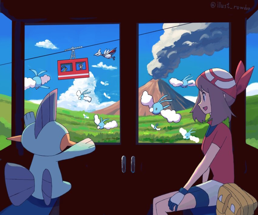 1boy 1girl bandana beanie bike_shorts bike_shorts_under_shorts black_hair blue_eyes breasts brendan_(pokemon) brown_hair cable_car fanny_pack gen_2_pokemon gen_3_pokemon gloves grovyle hat highres long_hair marshtomp may_(pokemon) nintendo open_mouth pokemon pokemon_(creature) pokemon_rse red_bandana red_shirt rowdon shirt short_hair shorts shorts_under_shorts sitting skarmory smile swablu volcano white_hat