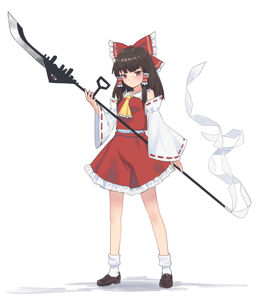 1girl absurdres ascot black_shoes bow brown_eyes brown_hair chinese_commentary closed_mouth collared_shirt commentary detached_sleeves fossilized_wonders frilled_bow frilled_hair_tubes frilled_skirt frills hair_bow hair_tubes hakurei_reimu highres holding holding_polearm holding_weapon littiecy loafers long_hair long_sleeves looking_at_viewer naginata polearm red_bow red_shirt red_skirt shadow shirt shoes sidelocks skirt sleeveless sleeveless_shirt smile socks solo standing touhou weapon white_sleeves white_socks wide_sleeves yellow_ascot