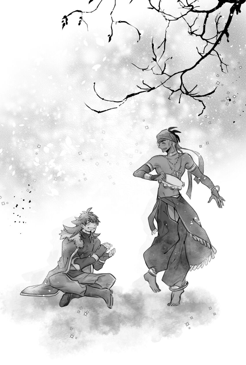 2boys anklet barefoot beard blush boots branch bridal_gauntlets cape chiyo_(miichiyochin) clapping dancing facial_hair full_body fur-trimmed_cape fur_trim greyscale grin gypsy highres holding holding_instrument instrument jewelry leon_(pokemon) long_hair male_focus monochrome multiple_boys necklace nintendo open_mouth pokemon pokemon_swsh raihan_(pokemon) sitting smile topless_male