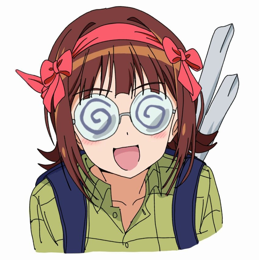 1girl :d amami_haruka backpack bag blue_eyes bow brown_hair glasses hashtag-only_commentary highres hoshii_mikage idolmaster idolmaster_(classic) looking_at_viewer open_mouth otaku smile solo upper_body
