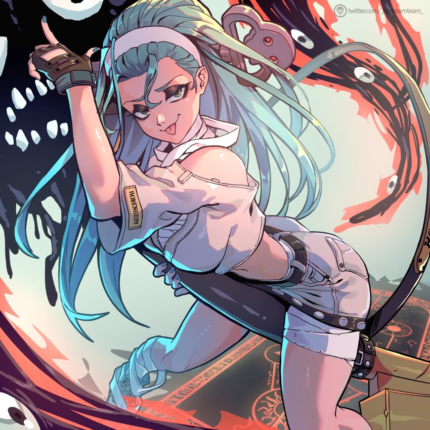 1girl a.b.a absurdres bare_shoulders crop_top fingerless_gloves gloves green_hair guilty_gear guilty_gear_strive happy_ice_cream_team highres navel paracelsus_(guilty_gear) short_sleeves shorts tongue tongue_out