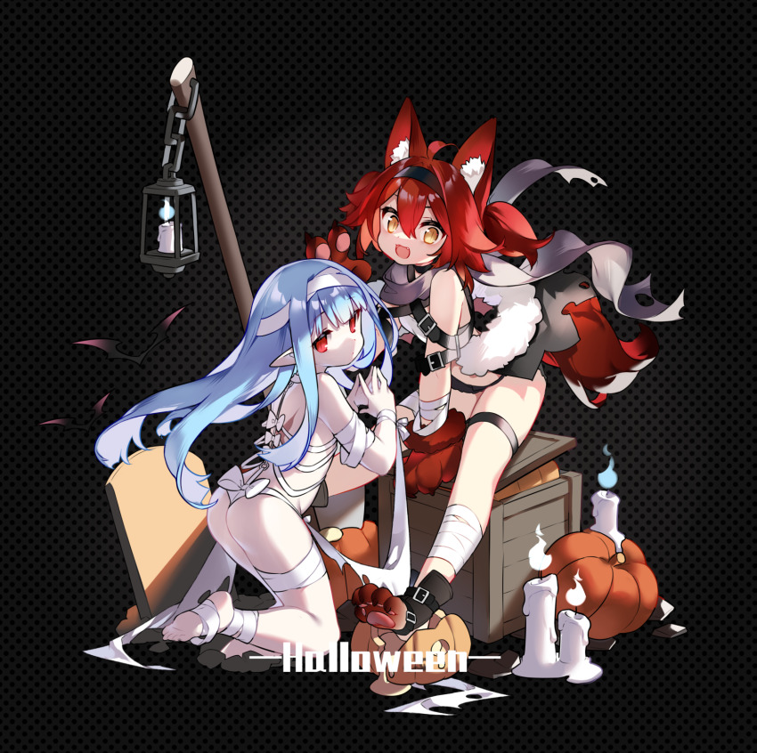 2girls :d animal_ear_fluff animal_ears animal_hands ass bandaged_arm bandaged_leg bandages black_hairband blue_fire blue_hair bow brown_eyes brown_gloves candle commentary_request crate eyebrows_hidden_by_hair fangs fire fur-trimmed_gloves fur_trim gloves hair_between_eyes hairband halloween highres jack-o&#039;-lantern kneeling lantern long_hair looking_at_viewer multiple_girls open_mouth original panties paw_gloves polka_dot polka_dot_background pumpkin red_eyes red_hair revealing_clothes saru sitting smile soles tail twintails underwear very_long_hair white_bow white_panties