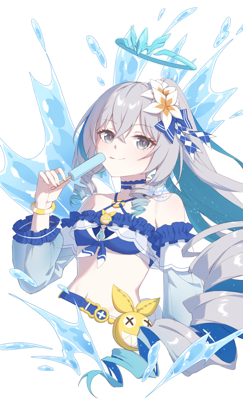 1girl absurdres bikini blue_bikini blue_halo breasts bronya_zaychik bronya_zaychik_(herrscher_of_truth) bronya_zaychik_(seaside_vibes) commentary_request cropped_torso detached_sleeves drill_hair flower food grey_eyes grey_hair hair_flower hair_ornament halo highres holding holding_food holding_popsicle homu_(honkai_impact) honkai_(series) honkai_impact_3rd licking long_hair luyue navel official_alternate_costume ponytail popsicle simple_background small_breasts solo stomach swimsuit white_background