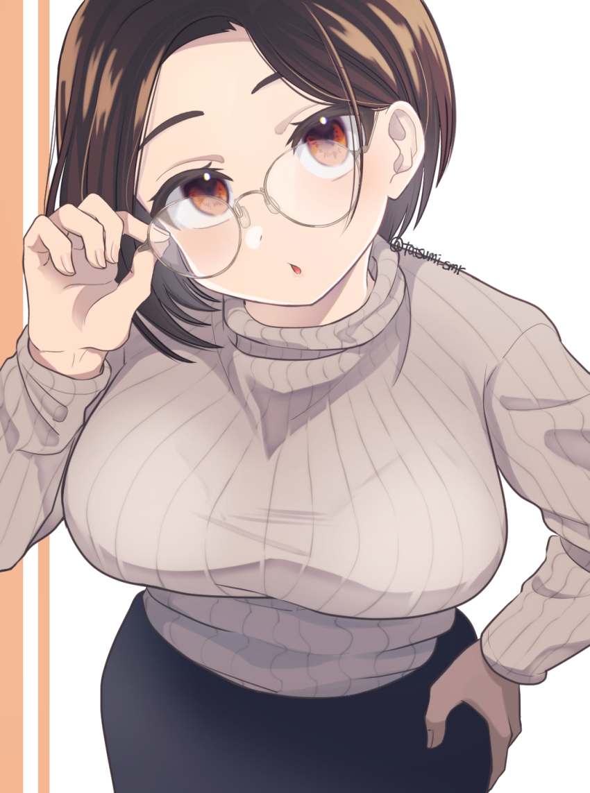 1girl adjusting_eyewear black_skirt breasts brown-framed_eyewear brown_eyes brown_hair brown_sweater glasses hand_on_own_hip highres large_breasts leaning_forward long_sleeves looking_at_viewer medium_hair open_mouth original pencil_skirt ribbed_sweater skirt solo sweater tatsumi_samari turtleneck turtleneck_sweater twitter_username white_background