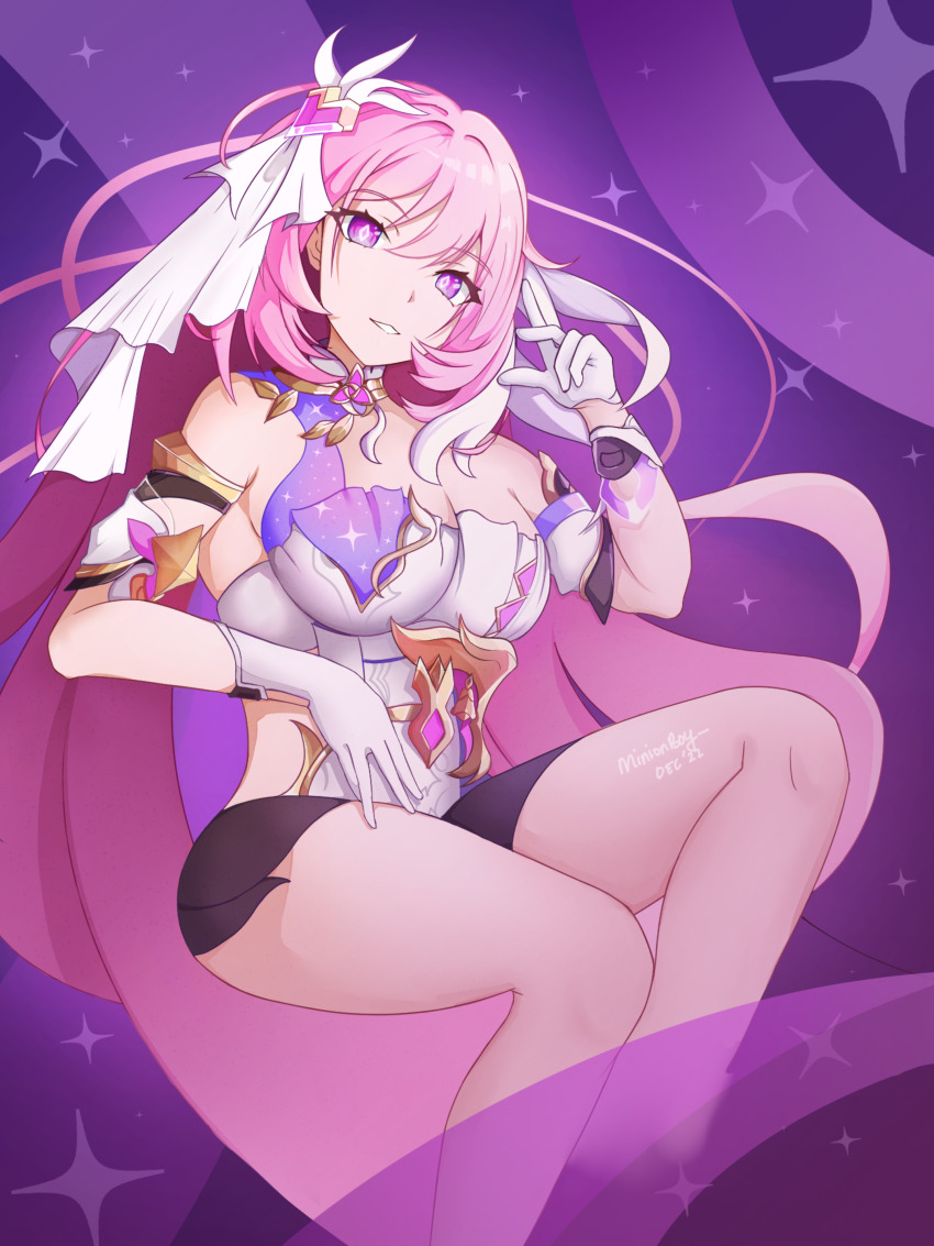 1girl absurdres artist_name black_shorts breasts cleavage commentary corset dated diamond-shaped_pupils diamond_(shape) elysia_(herrscher_of_human:_ego)_(honkai_impact) elysia_(honkai_impact) gloves highres honkai_(series) honkai_impact_3rd large_breasts long_hair minionboy parted_lips pink_hair purple_eyes short_shorts shorts sky solo star_(sky) starry_sky symbol-shaped_pupils thighs triquetra veil very_long_hair white_corset white_gloves white_veil