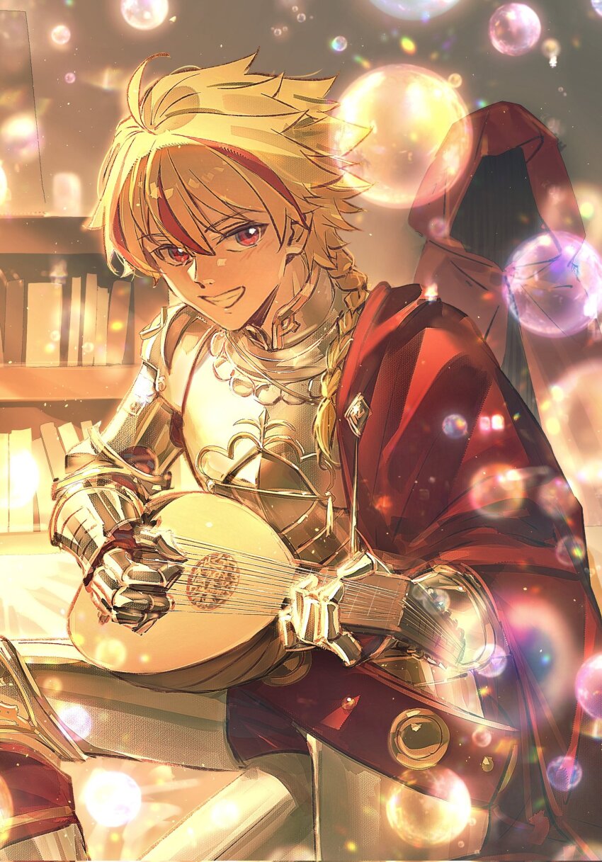 1boy ahoge armor belt blonde_hair book bookshelf braid braided_ponytail bubble cape cloak corrupted_twitter_file fate/strange_fake fate_(series) grin hair_between_eyes hair_over_shoulder highres holding holding_instrument indoors instrument light_blush long_hair looking_at_viewer lute_(instrument) machikokom43502 male_focus multicolored_hair music playing_instrument red_belt red_cape red_cloak red_eyes red_hair richard_i_(fate) side_cape single_braid sitting smile solo streaked_hair teeth unworn_cloak