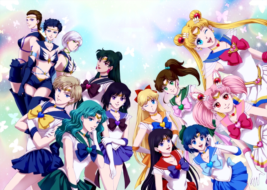 1990s_(style) 6+girls :d aino_minako aqua_hair bishoujo_senshi_sailor_moon bishoujo_senshi_sailor_moon_s bishoujo_senshi_sailor_moon_sailor_stars bishoujo_senshi_sailor_moon_stars bishoujo_senshi_sailor_moon_supers black_hair blonde_hair blue_bow blue_eyes blue_hair blue_sailor_collar boots bow brooch brown_hair chibi_usa choker cone_hair_bun crescent crossed_arms double_bun elbow_gloves gloves gradient_background green_eyes hair_bow hair_bun hair_ornament hairpin half_updo heart heart_brooch highres hino_rei jewelry kaiou_michiru kino_makoto knee_boots long_hair magical_girl meiou_setsuna mizuno_ami multicolored_background multiple_girls open_mouth pink_bow pink_hair ponytail purple_hair red_bow red_eyes retro_artstyle sailor_chibi_moon sailor_collar sailor_jupiter sailor_mars sailor_mercury sailor_moon sailor_neptune sailor_pluto sailor_saturn sailor_senshi sailor_star_fighter sailor_star_healer sailor_star_maker sailor_uranus sailor_venus seiya_kou short_hair shorts single_hair_bun skirt smile standing suji super_sailor_chibi_moon super_sailor_jupiter super_sailor_mars super_sailor_mercury super_sailor_moon super_sailor_neptune super_sailor_pluto super_sailor_saturn super_sailor_uranus super_sailor_venus taiki_kou ten&#039;ou_haruka thigh_boots thighhighs tiara tomoe_hotaru tsukino_usagi twintails white_footwear white_gloves white_hair yaten_kou