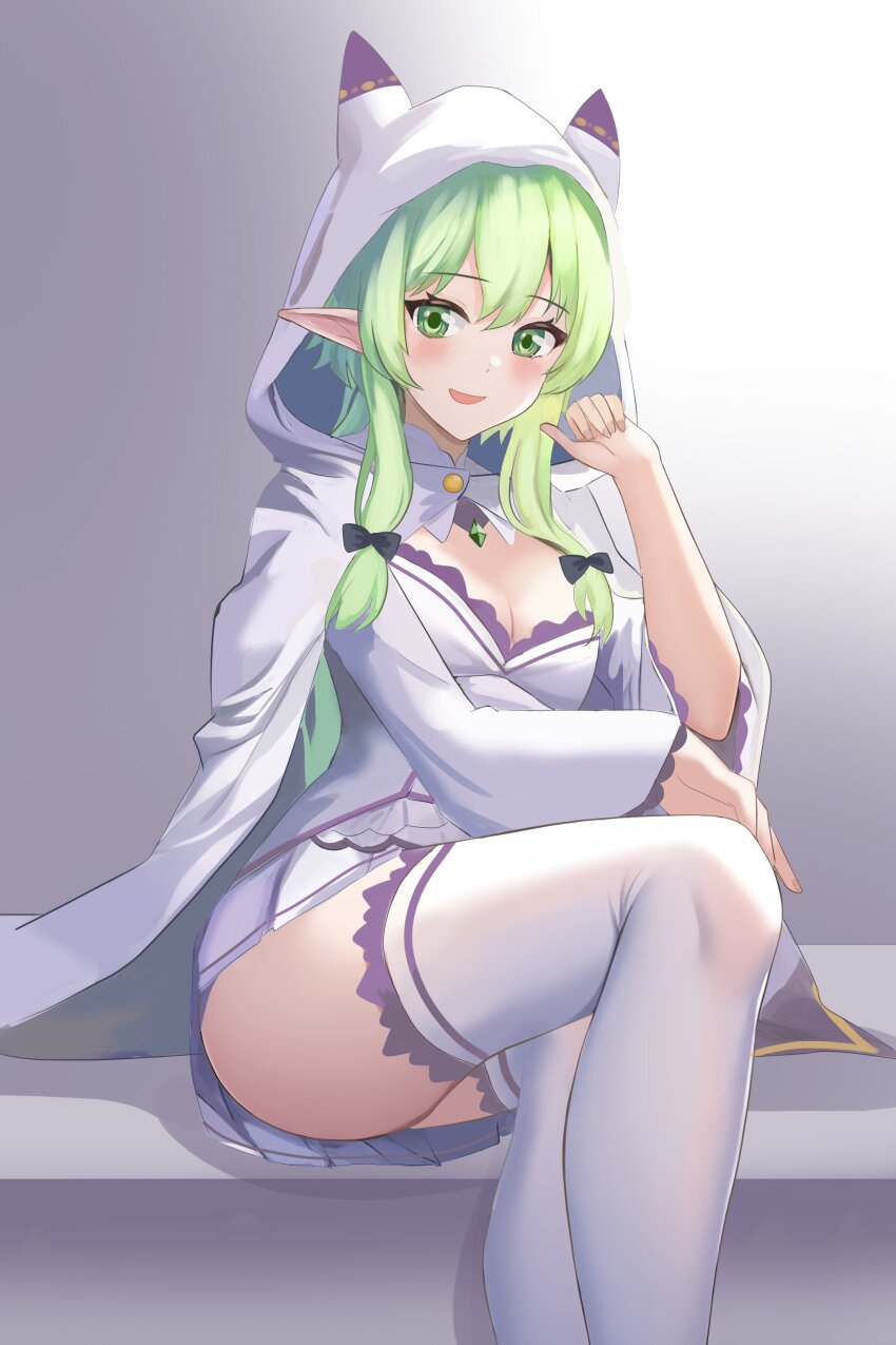 1girl absurdres alternate_breast_size animal_hood breasts cat_hood cleavage commentary commission cosplay elf emilia_(re:zero) emilia_(re:zero)_(cosplay) english_commentary goblin_slayer! green_eyes green_hair high_elf_archer_(goblin_slayer!) highres hood long_hair medium_breasts open_mouth pointy_ears re:zero_kara_hajimeru_isekai_seikatsu sitting solo thighhighs thighs white_hood white_thighhighs yuzumew