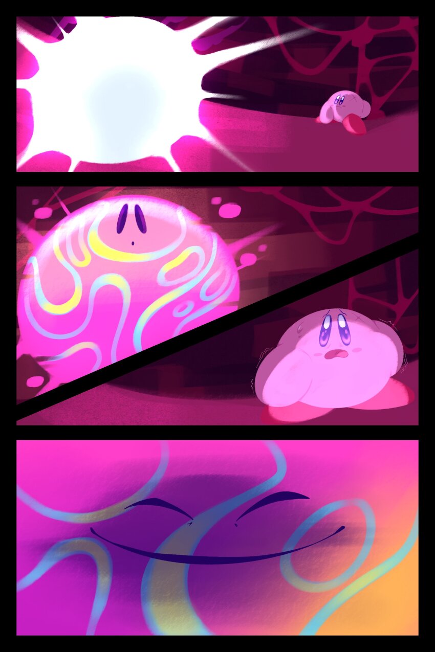 1boy 1other absurdres blush_stickers comic evil_smile glowing highres kirby kirby_(series) kirby_star_allies nintendo red_footwear shaded_face smile smirk surprised sweatdrop the_mad_fanatic void_termina void_termina_(final_core)
