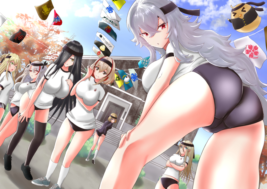 6+girls admiral_hipper_(azur_lane) arm_under_breasts ass azur_lane bismarck_(azur_lane) black_buruma black_hair black_headband black_shoes black_thighhighs blonde_hair blue_sky breasts buruma cloud crossed_bangs eagle_union_(emblem) friedrich_der_grosse_(azur_lane) graf_zeppelin_(azur_lane) grey_hair grey_shoes gym_shirt gym_uniform headband highres iron_blood_(emblem) large_breasts long_hair looking_at_viewer manjuu_(azur_lane) multicolored_hair multiple_girls northern_parliament_(emblem) outdoors parted_lips prinz_eugen_(azur_lane) red_eyes red_hair roon_(azur_lane) royal_navy_emblem_(azur_lane) sakura_empire_(emblem) sardegna_empire_(emblem) shirt shoes short_sleeves sky socks streaked_hair thighhighs white_socks z23_(azur_lane) zubi_(skylinezb)