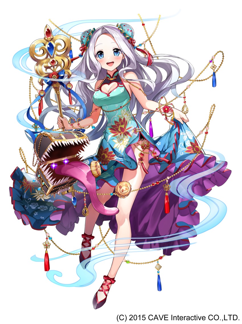 1girl absurdres aqua_dress blue_eyes breasts bun_cover cleavage clothing_cutout double_bun dress female_focus floral_print full_body gothic_wa_mahou_otome hair_bun heart_cutout highres holding holding_staff jewelry long_hair looking_at_viewer masyu_yuyu medium_breasts mimic mimic_chest official_art silver_hair skirt_hold solo staff standing standing_on_one_leg tassel tongue tongue_out very_long_hair watermark