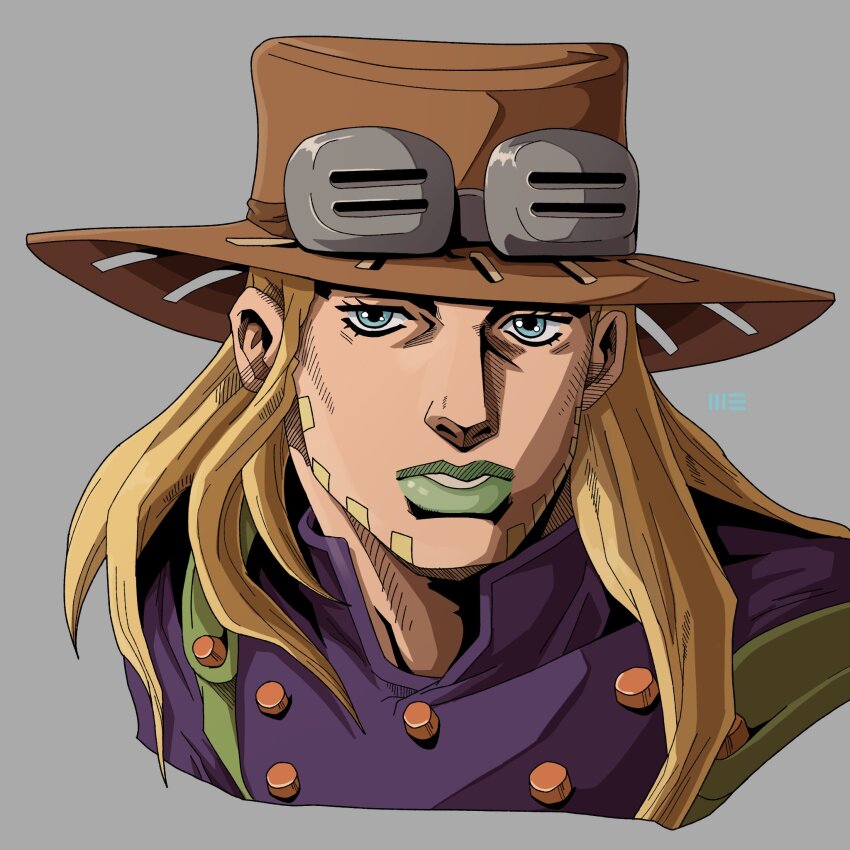 1boy araki_hirohiko_(style) beard bishounen blonde_hair blue_eyes brown_hat commentary cowboy_hat cropped_shoulders efrenrostran english_commentary facial_hair goggles goggles_on_headwear green_lips gyro_zeppeli hat high_collar highres jojo_no_kimyou_na_bouken long_hair looking_at_viewer male_focus parted_lips purple_shirt shirt solo steel_ball_run teeth