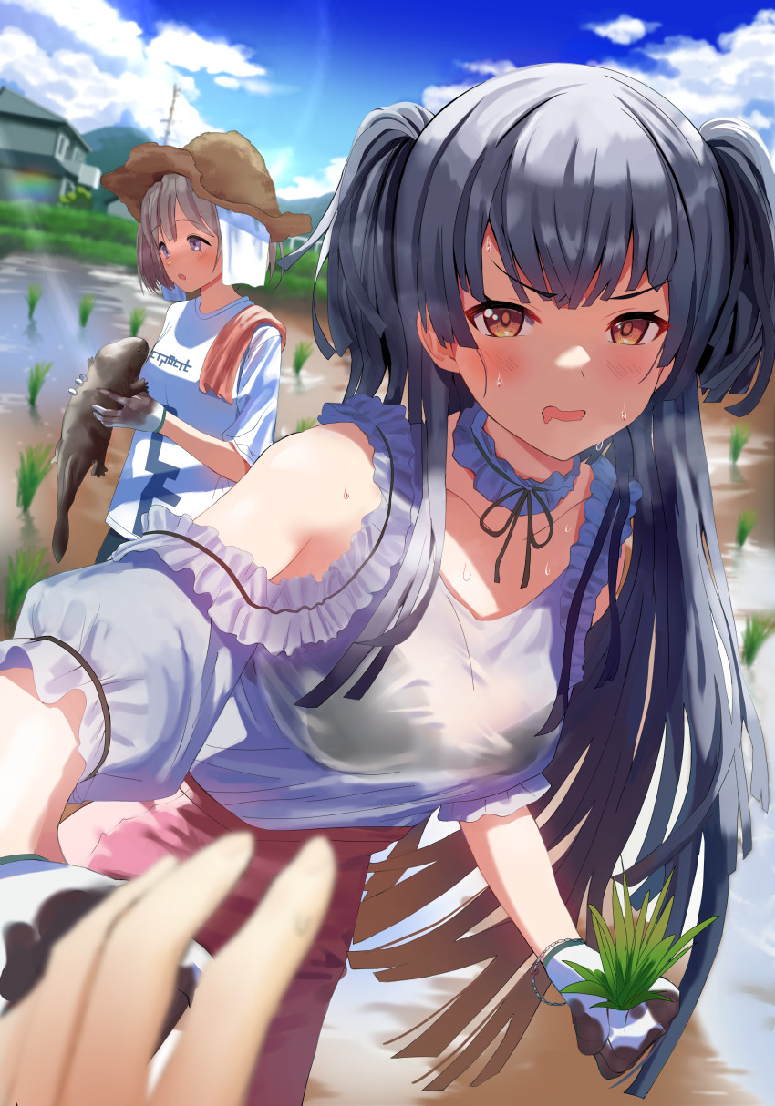 2girls absurdres animal animal_request black_bra black_hair blouse blue_eyes bra bra_visible_through_clothes bracelet breasts brown_eyes choker clothing_cutout cloud collarbone day dirty dirty_clothes frilled_choker frilled_shirt frills gloves go_(mumuke) grey_hair hat highres holding holding_animal idolmaster idolmaster_shiny_colors jewelry long_hair looking_at_viewer mayuzumi_fuyuko medium_breasts mud multiple_girls open_mouth outdoors pink_skirt pov rice_hat rice_paddy rice_planting saliva see-through_clothes serizawa_asahi shirt short_hair shoulder_cutout skirt sky sweat t-shirt two_side_up underwear very_long_hair white_gloves white_shirt