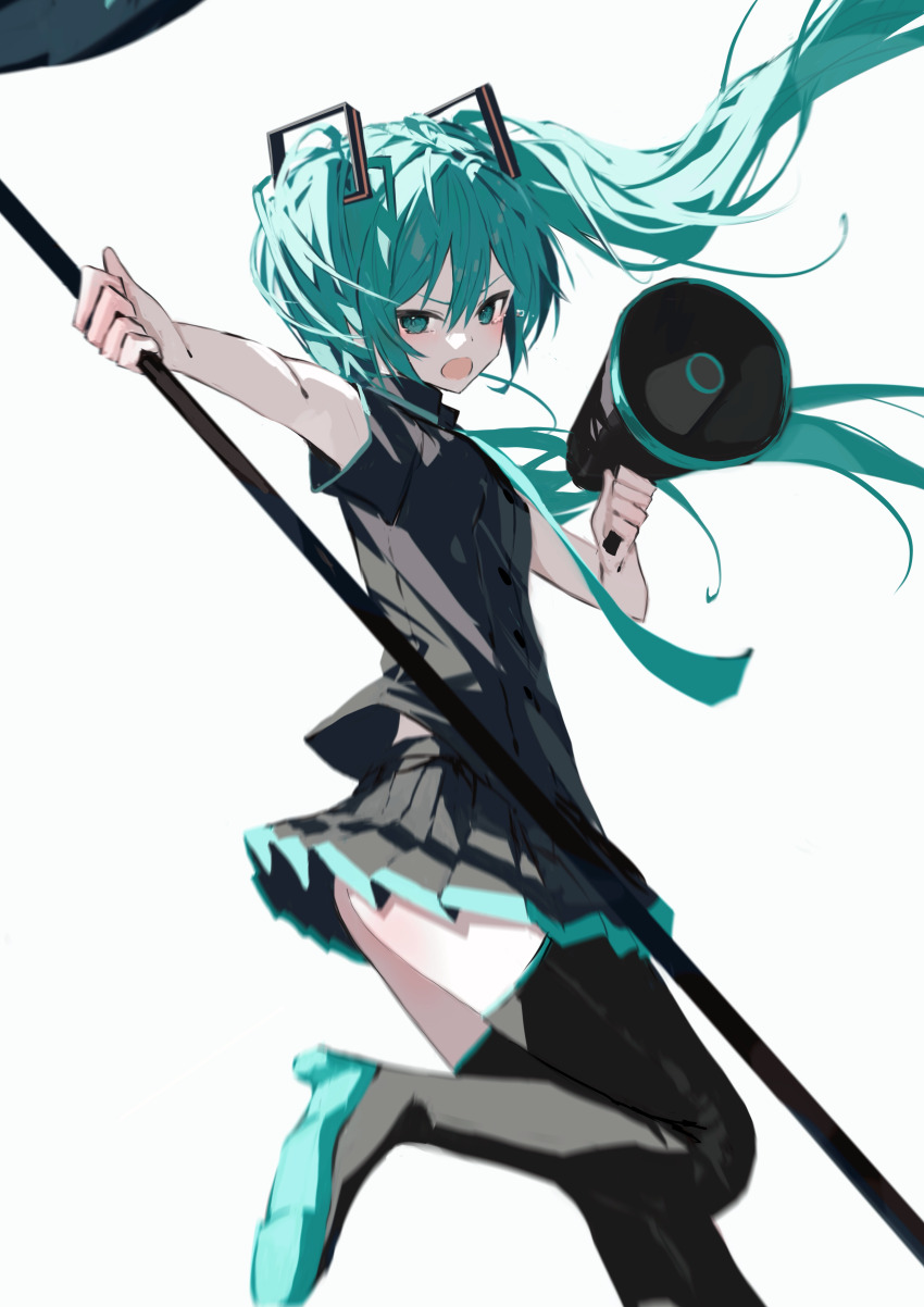 1girl absurdres aoki_sora aqua_eyes aqua_hair aqua_necktie aqua_trim bare_arms black_boots black_shirt black_skirt boots collared_shirt commentary_request flag hair_between_eyes hair_ornament hatsune_miku highres holding holding_flag holding_megaphone koi_wa_sensou_(vocaloid) long_hair looking_at_viewer megaphone necktie open_mouth pleated_skirt shirt short_sleeves sidelocks simple_background skirt solo thigh_boots thighhighs twintails v-shaped_eyebrows very_long_hair vocaloid white_background wind zettai_ryouiki