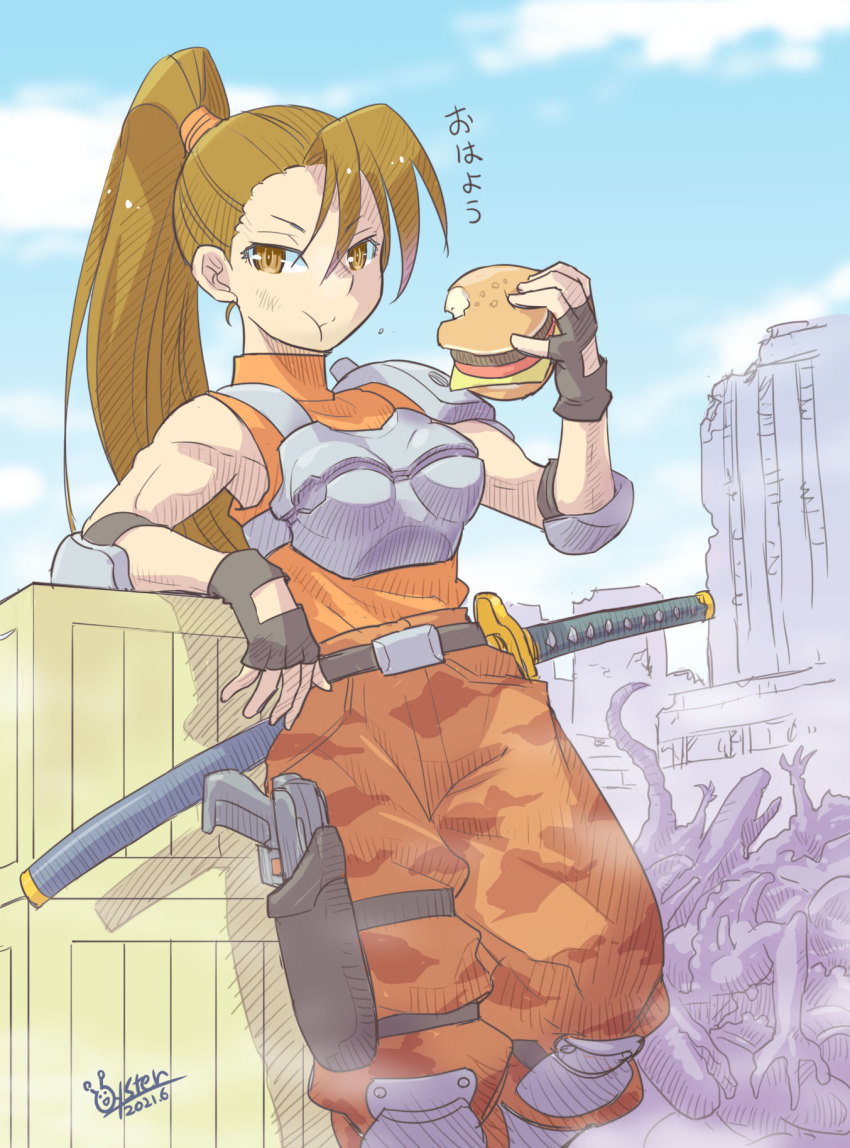 1girl alien_(series) alien_vs._predator armor belt brown_eyes brown_hair burger camouflage dated fingerless_gloves food gloves gun highres katana linn_kurosawa long_hair looking_at_viewer military military_uniform oyster_(artist) ponytail predator_(series) shoulder_pads solo spoilers sword weapon xenomorph