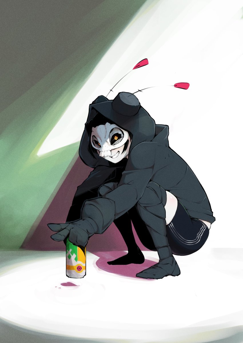 1girl absurdres antennae black_boots black_gloves black_hair black_hoodie black_sclera black_shorts black_thighhighs boots borrowed_character can colored_sclera commentary deadslug-chan doodlerush english_commentary from_side gloves grin highres holding holding_can hood hood_up hoodie humanization looking_at_viewer mask original short_shorts shorts skull_mask smile solo squatting thigh_boots thighhighs yellow_eyes