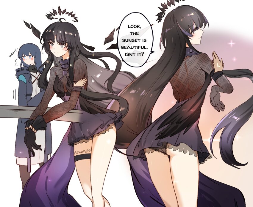 2girls ahoge arknights arya_melati ass black_cloak black_dress black_eyes black_gloves black_hair black_halo black_panties black_wings blue_hair blush breasts cloak commentary detached_wings doctor_(arknights) dress english_commentary english_text female_doctor_(arknights) gloves halo highres long_hair looking_to_the_side mole mole_under_eye multiple_girls multiple_views official_alternate_costume pale_skin panties pantyshot small_breasts smile speech_bubble thigh_strap thighs underwear very_long_hair virtuosa_(arknights) virtuosa_(diversity_oneness)_(arknights) wings