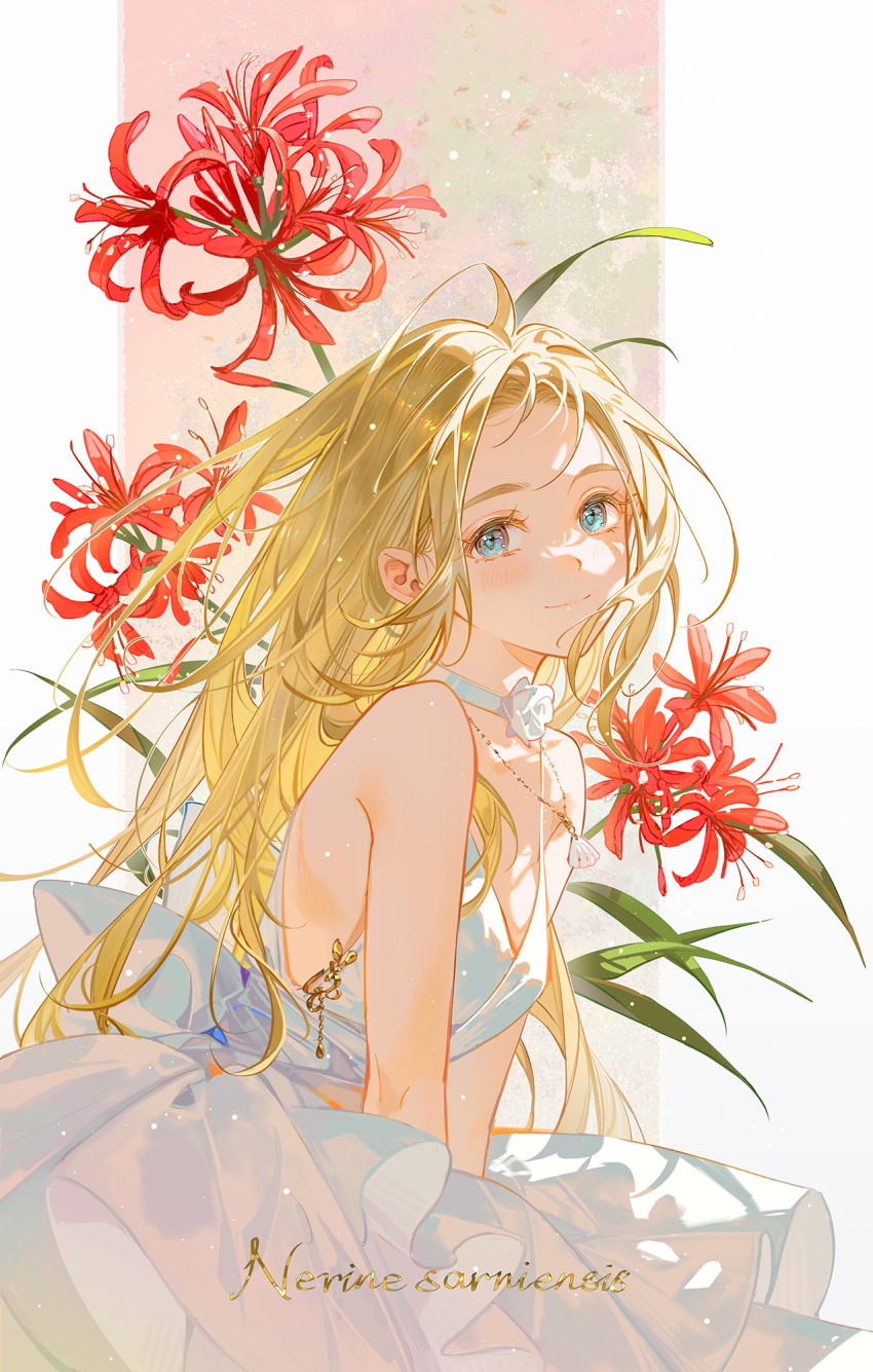 1girl aqua_eyes bare_shoulders blonde_hair choker closed_mouth commentary dress flower from_side highres jewelry kofune_ushio light_blush long_hair looking_at_viewer neck_flower necklace nerine_(flower) red_flower shell shell_necklace solo summertime_render tidsean upper_body white_choker white_dress