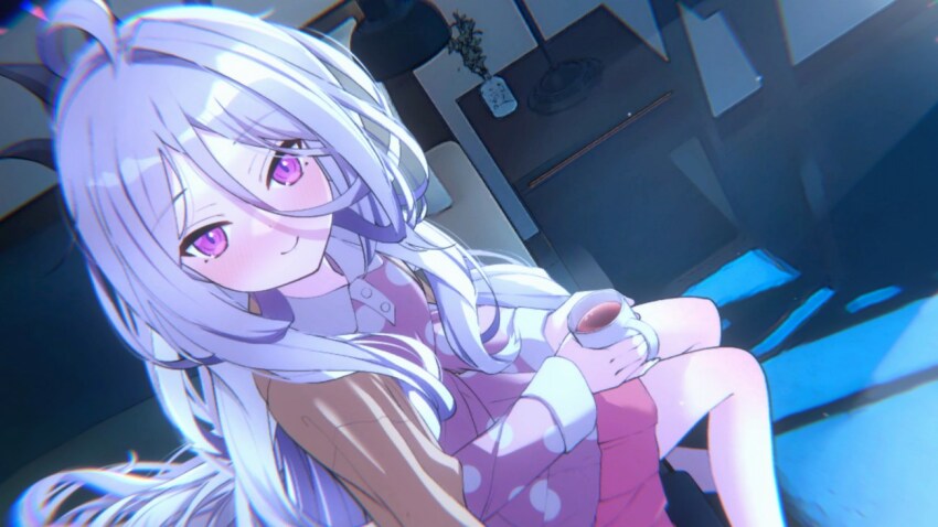 1girl ahoge black_horns blue_archive blush closed_mouth commentary cup demon_girl demon_horns dutch_angle foot_out_of_frame hair_between_eyes hair_spread_out happy hato_haru hina_(blue_archive) hina_(pajamas)_(blue_archive) holding holding_cup horns indoors long_hair long_sleeves looking_at_viewer moonlight night official_alternate_costume pajamas pink_pajamas polka_dot polka_dot_pajamas purple_eyes sidelocks single_hair_intake sitting smile solo very_long_hair white_hair