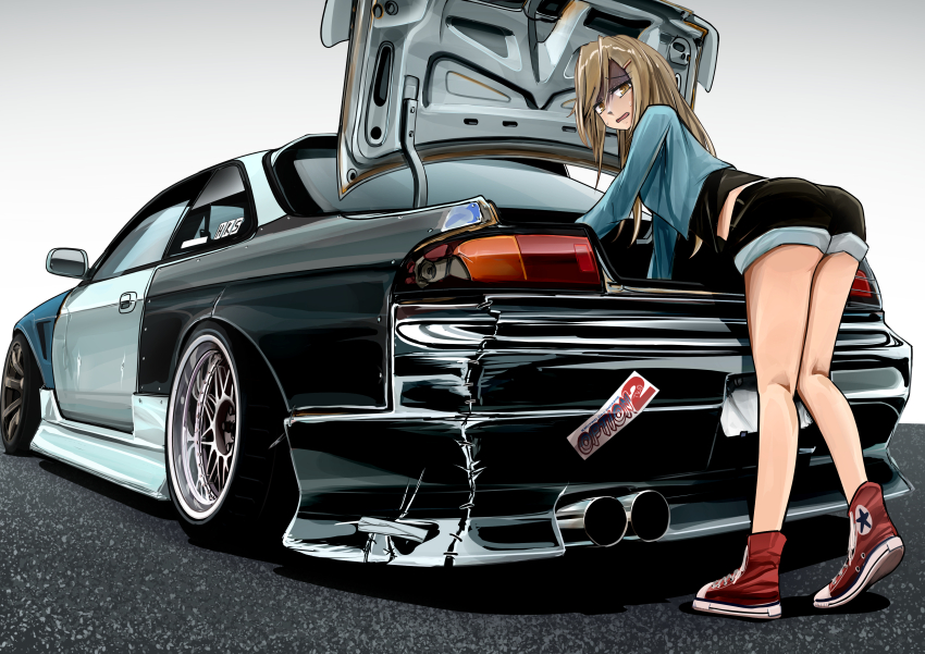 1girl 3books absurdres black_shirt black_shorts blue_jacket brown_eyes brown_hair car commentary_request full_body furrowed_brow highres jacket leaning_forward long_hair long_sleeves looking_at_viewer motor_vehicle nissan nissan_silvia nissan_silvia_s13 open_mouth original red_shoes shirt shoes shorts solo standing standing_on_one_leg sweat turn_pale vehicle_focus