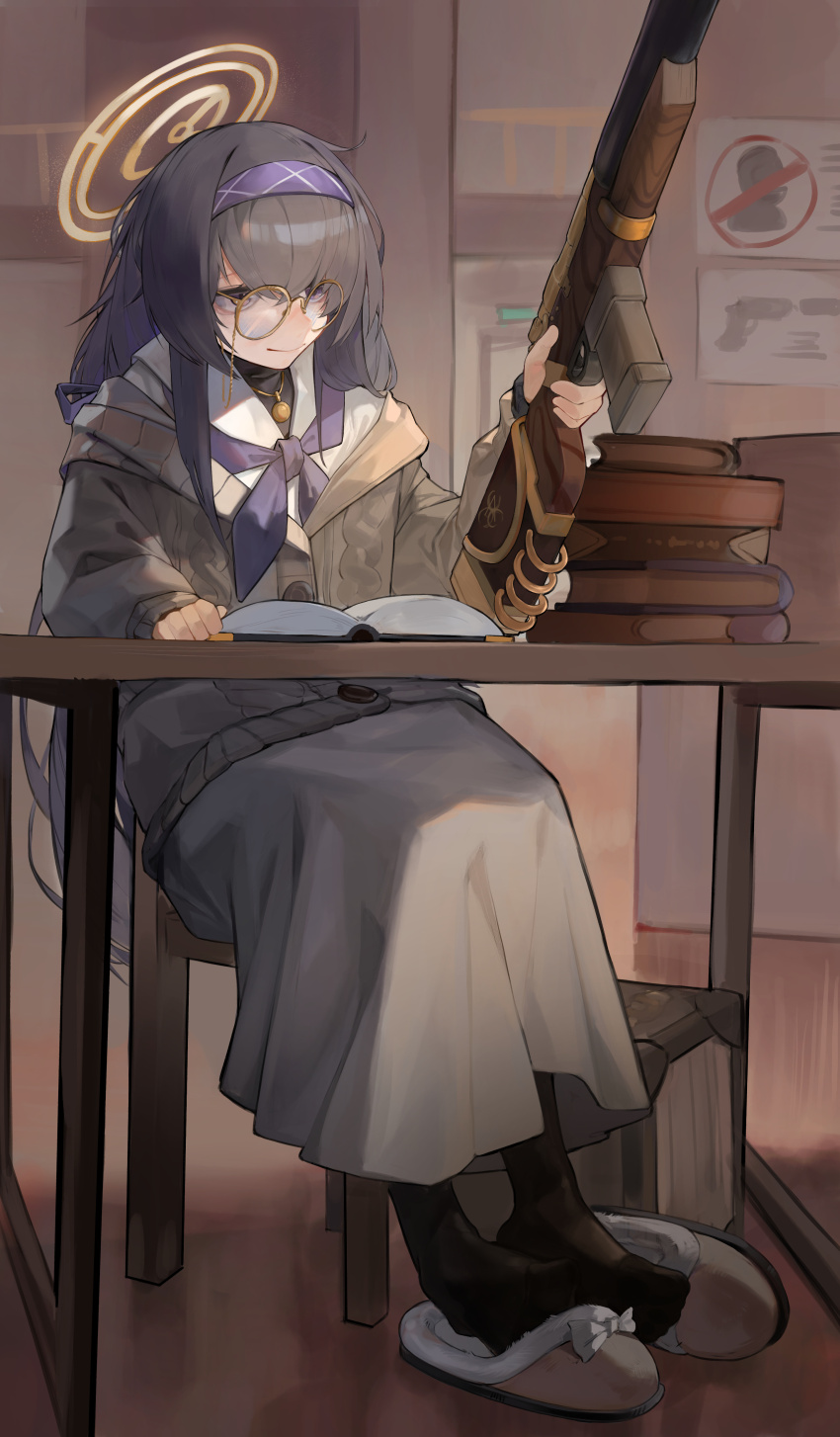 1girl absurdres black_hair black_pantyhose blood blue_archive blurry bolt-action_rifle book book_stack carbine chadlink commentary_request commission de_lisle_carbine depth_of_field feet glasses gun hair_between_eyes hairband halo highres holding holding_gun holding_weapon indoors integral_suppressor integrally-suppressed_firearm jewelry long_hair long_skirt long_sleeves low_twintails necklace no_shoes pantyhose pendant pistol-caliber_carbine pixiv_commission pleated_skirt purple_eyes ribbed_sweater rifle school_uniform serafuku sidelocks sitting skirt slippers suppressor sweater table toes turtleneck turtleneck_sweater twintails ui_(blue_archive) weapon