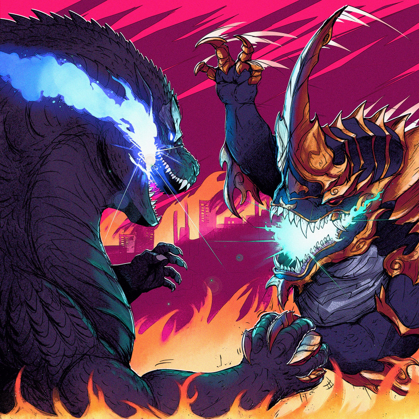 absurdres animal_ears atomic_breath bad_tag battle blue_eyes breath_weapon breathing_fire breathing_lightning city claws commentary crossover dinosaur dragon dragon_horns eastern_dragon energy english_commentary fighting fire giant giant_monster gigabash glowing glowing_eyes glowing_mouth godzilla godzilla_(series) highres horns kaiju large_horns monster no_humans no_pupils open_mouth passion_republic_games plasma rawa red_eyes scales sea_monster sharp_teeth single_horn spacedragon14 spines teeth toho