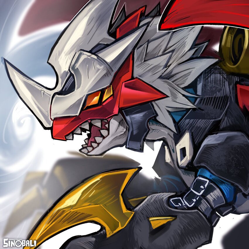 absurdres armor black_armor blue_skin blurry blurry_background colored_skin digimon digimon_(creature) digimon_adventure_02 dragon highres imperialdramon imperialdramon_dragon_mode open_mouth red_eyes red_wings sharp_teeth sinobali solo teeth upper_body white_background white_hair wings