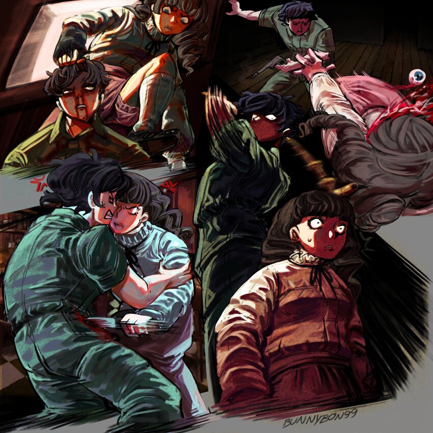 1boy 1girl absurdres anger_vein artist_name black_hair black_ribbon blood bon99bunny brown_hair clenched_teeth commentary english_commentary eyeball fear_&amp;_hunger_(series) fear_&amp;_hunger_2:_termina frilled_shirt_collar frills grabbing_another&#039;s_hair green_jumpsuit gun handgun highres holding holding_gun holding_knife holding_lead_pipe holding_weapon imminent_death jumpsuit knife lead_pipe levi_(fear_&amp;_hunger) long_hair marina_(fear_&amp;_hunger) multiple_views neck_ribbon nosebleed peril pink_skirt ribbon shirt short_hair short_sleeves skirt socks stab teeth weapon white_shirt white_socks