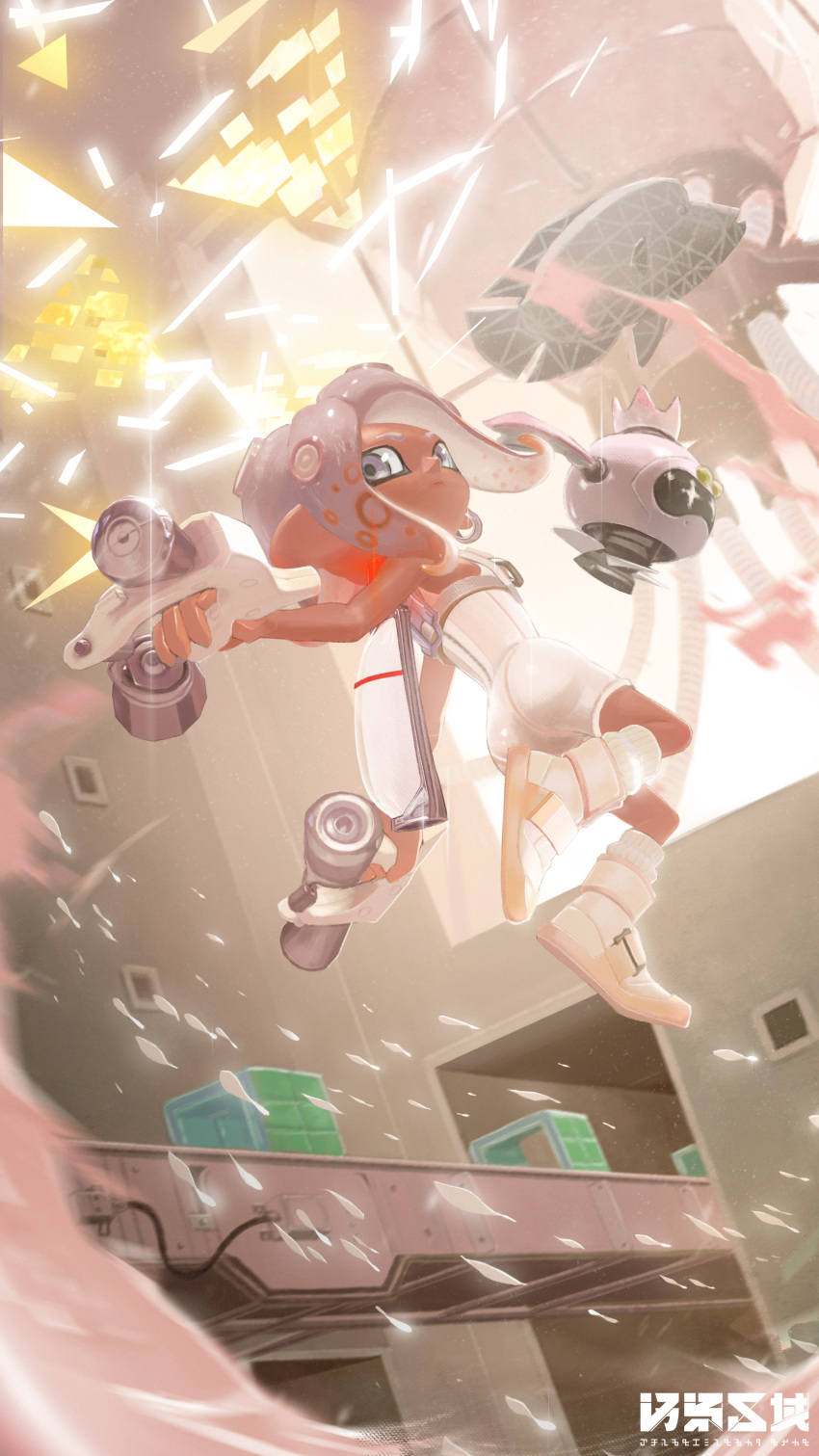 1girl absurdres agent_8_(splatoon) bodysuit boots brown_hair closed_mouth commentary_request dark-skinned_female dark_skin dual_wielding full_body grey_eyes grey_hair highres holding holding_weapon ink_tank_(splatoon) long_hair looking_to_the_side multicolored_hair nintendo non-humanoid_robot octoling octoling_girl octoling_player_character order_dualies_(splatoon) osen_kuiki pearl_(splatoon) pearl_drone_(splatoon) robot sleeveless sleeveless_bodysuit socks splatoon_(series) splatoon_3 splatoon_3:_side_order suction_cups tentacle_hair two-tone_hair weapon white_bodysuit white_footwear white_socks