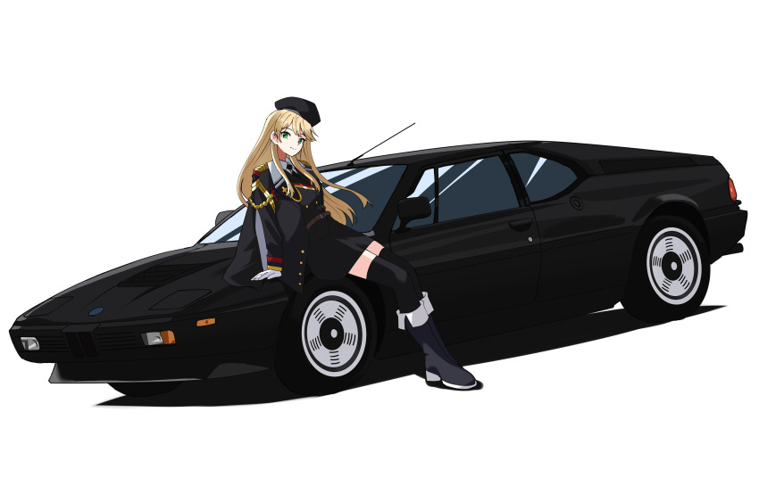 absurdres beret black_car black_coat black_hat blonde_hair bmw bmw_m1 boots car coat commission commissioner_upload girls&#039;_frontline gloves green_eyes hat highres leaning_on_object long_hair looking_at_viewer military_uniform motor_vehicle necktie skeb_commission smile stg44_(girls&#039;_frontline) stg44_(mod3)_(girls&#039;_frontline) thighhighs vehicle_focus very_long_hair white_gloves zono_(inokura_syuzo029)