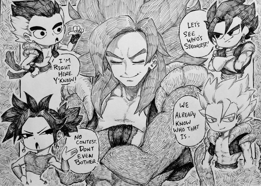 1girl 4boys abs absurdres chronozbergh closed_mouth collarbone crop_top cropped_vest crossed_arms dragon_ball dragon_ball_gt dragon_ball_super dragonball_z earrings gloves gogeta gotenks greyscale highres jewelry kefla_(dragon_ball) metamoran_vest monochrome multicolored_hair multiple_boys muscular muscular_male pointing_with_thumb ponytail potara_earrings sash smirk speech_bubble spiked_hair super_saiyan super_saiyan_1 super_saiyan_4 traditional_media vegetto vest wristband