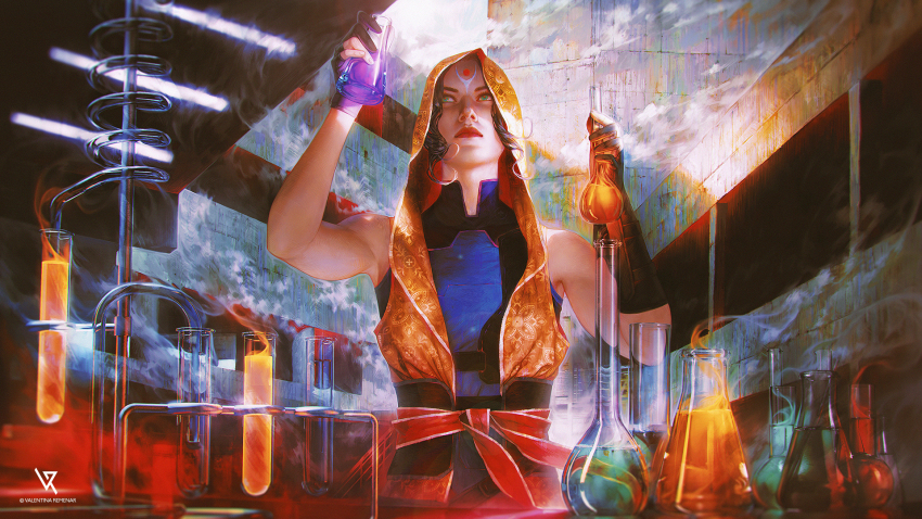 1girl agents_of_mayhem asymmetrical_gloves bare_shoulders bottle brown_hair curly_hair erlenmeyer_flask facial_mark female_focus fingerless_gloves flask forehead_mark gloves green_eyes highres indoors lipstick makeup measuring_cylinder mismatched_gloves potion rama_(agents_of_mayhem) round-bottom_flask smoke solo standing unmoving_pattern upper_body valentina_remenar veil volumetric_flask