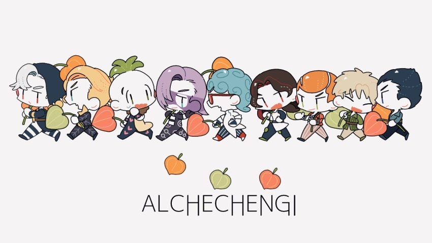 6+boys belt black_hair blonde_hair blue_eyes blue_hair brown_hair buzz_cut chibi chinese_lantern_(plant) closed_eyes collared_shirt curly_hair fang flower formaggio full_body fur_collar gelato_(jojo) ghiaccio gloves green_eyes green_hair hand_on_own_hip holding holding_flower hood illuso jojo_no_kimyou_na_bouken long_sleeves looking_back male_focus mask melone multiple_boys open_mouth orange_hair pants pesci prosciutto purple_hair red-framed_eyewear red_eyes risotto_nero shinoru_all shirt short_hair smile sorbet_(jojo) striped_clothes striped_pants sweat vento_aureo very_short_hair walking wavy_mouth white_hair