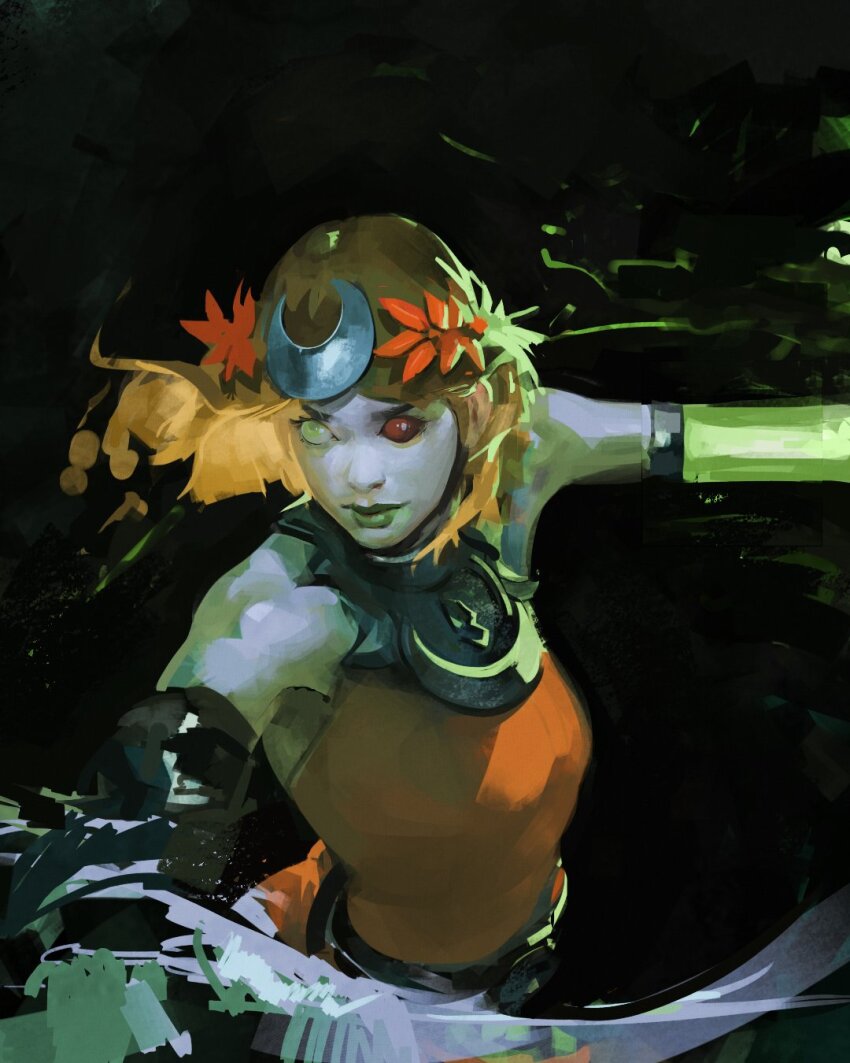 1girl ancient_greek_clothes asymmetrical_arms black_sclera blonde_hair bone colored_sclera dress glowing_arm greco-roman_clothes green_lips hades_(series) hades_2 highres holding_sickle kanji_(nievart) laurel_crown melinoe_(hades) mismatched_sclera orange_dress red_eyes see-through_body short_hair sickle skeletal_arm solo